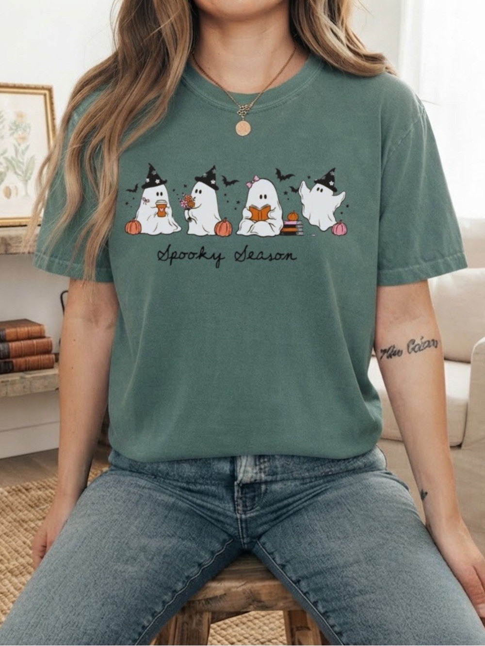 Spooky Season Cute Ghost Witches Pumpkins Halloween Comfort Color T-Shirt - Picture 2 of 3